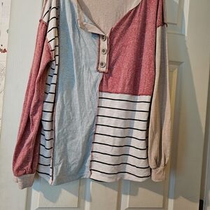 Boho Colorblock Striped Mixed Print Long Sleeve Henley Top Funky Artsy